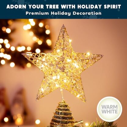Joiedomi Gold Glitter Star Tree Topper Metal Hallow Tree Star Lighted for Christmas Tree Decorations Home Holiday Xmas Party Indoor Decor - Image 6