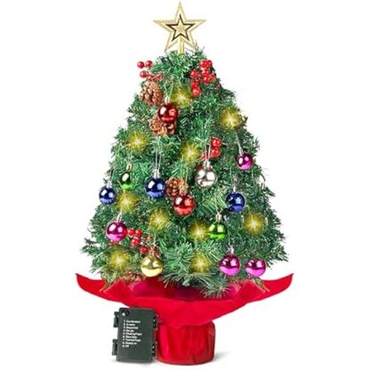 Joiedomi 24"/2FT Prelit Tabletop Christmas Tree with Warm Lights, Holly Berries, Pine Cones for Best Holiday Season Decorations