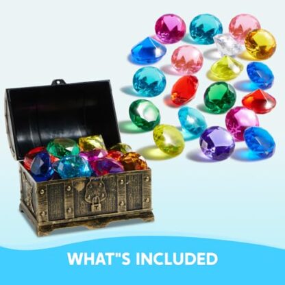 Sloosh Diving Gems Pool Toys, 16 Big Colorful Diamond with Pirate Treasure Chest,Swim Dive Toy for Kids Underwater Gemstone Swimming Training Gift Water Pool Games(Gold) - Image 2