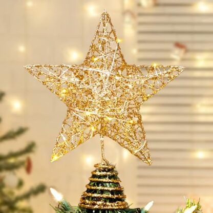 Joiedomi Gold Glitter Star Tree Topper Metal Hallow Tree Star Lighted for Christmas Tree Decorations Home Holiday Xmas Party Indoor Decor