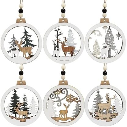 Joiedomi 6 Pieces Wooden Christmas Ornaments Hanging Reindeer Ornaments for Indoor/Outdoor, Party Decoration, Tree Ornaments, Events and Christmas