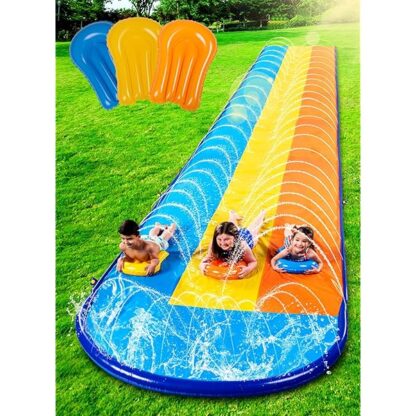 Sloosh Triple Water Slide with 3 BodyBoards, 18FT Lawn Water Splash Slip and Slide Summer Toy Splash Pad with Build in Advanced Sprinkler for Kids Adults Backyard Summer Water Fun