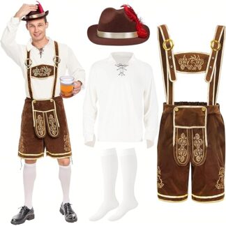 Spooktacular Creations Halloween Men Oktoberfest Costume Set, Lederhosen Men with German Bavarian Hat, Beer Costume, Adults Halloween Brown Outfit for Beer Festival Party (X-Large)