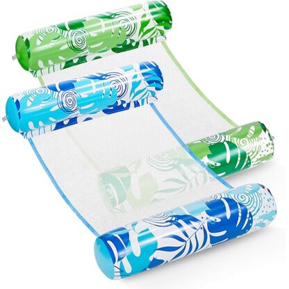 SLOOSH 2 Packs Tropical Leaves Hammock Pool Floats Adults, 4-in-1 Multi-Purpose Inflatable Pool Floats PVC Water Hammock Lounge Floaties (Blue&Green)