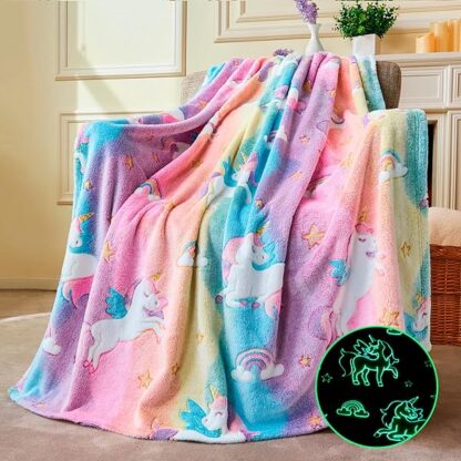 Joiedomi Glow in The Dark Blanket - Unicorns Gifts Toys for Girls Age 2 3 4 5 6 7 8 9 10 11 12 Year Old - Soft Cozy Flannel Kids Throw Blanket, Birthday Bedroom Decor 50"?0"