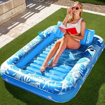 SLOOSH Inflatable Tanning Pool Lounger Float, 70" x 46" Pool Floats Adult with Pillow, 4 in 1 Suntan Tub Raft Floatie,Sunbathing Bed Lounge for Water Blow Up Kids Ball Pit Party Gifts, L-Blue