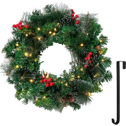 Joiedomi 20?Artificial Christmas Wreath Prelit with 15?Hanger, Decorated with 50 LED Lights, Red Berries, Pine Cones Glitter Pine Needles for Front Door Wall Christmas Decorations (Battery Operated)