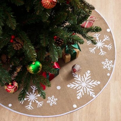 JOIEDOMI 36" Christmas Burlap Tree Skirt with Snowflakes, Decoration for Xmas Home Holiday Indoor Outdoor Seasonal Decors